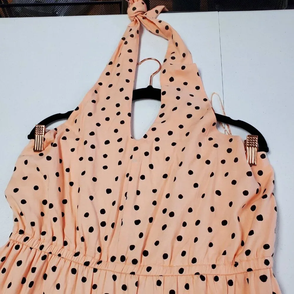 Maurices Maxi Sundress Women Size L Peach Black Polka Dot Halter Elastic Back - Picture 5 of 12